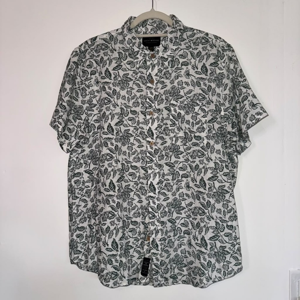 NWT Lucky Brand Mens M Button Up Shirt Linen Rayon Short Sleeves Resort Vacation